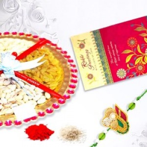 Rakhi With Dry Fruit Thali And Greeting Card